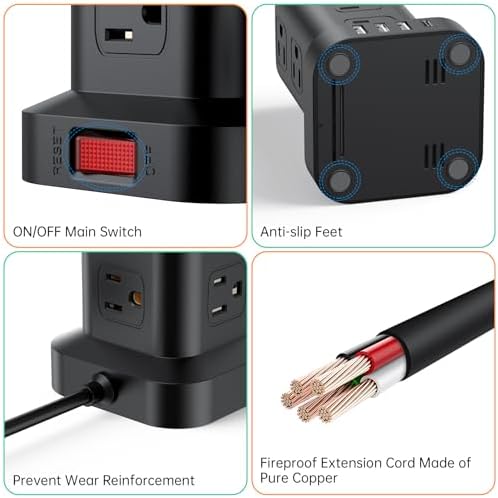15 FT USB C Surge Protector Power Tower with 12 AC Outlets & 4 Rapid Charging USB Ports – Ultimate Overload Protection for Home and Travel Efficiency – Compact, Versatile Charging Solution for Modern Devices