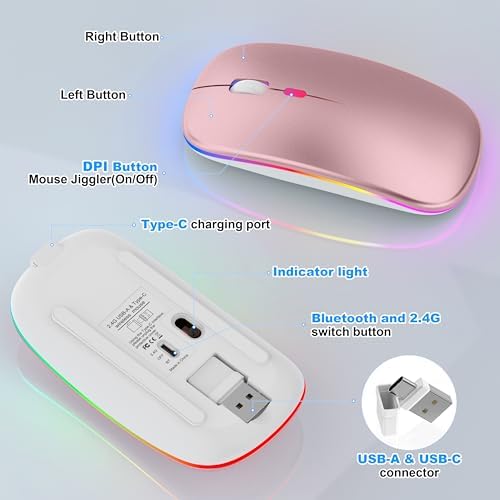 Sleek LED Bluetooth Wireless Mouse for Mac & PC – Rechargeable, RGB Light-Up Design with Dual Connectivity (BT5.2 + 2.4 G USB) – Slim, Portable Mouse with Jiggler Function for Work & Play – Enhanced Performance & Style in White