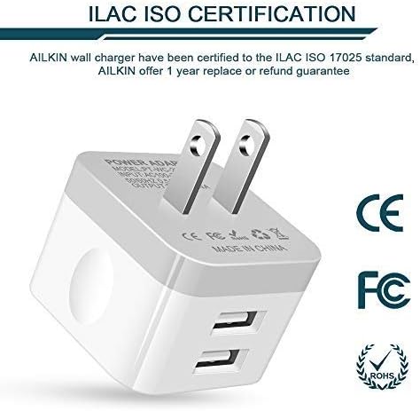 AILKIN Dual Port USB Wall Charger Pack – 2.4 A Fast Charging Power Cube for i Phone 15/14/13/12 Pro Max & Samsung Devices – Compact Travel Adapter for Simultaneous Device Charging – Sleek White Design for Home & Office Use