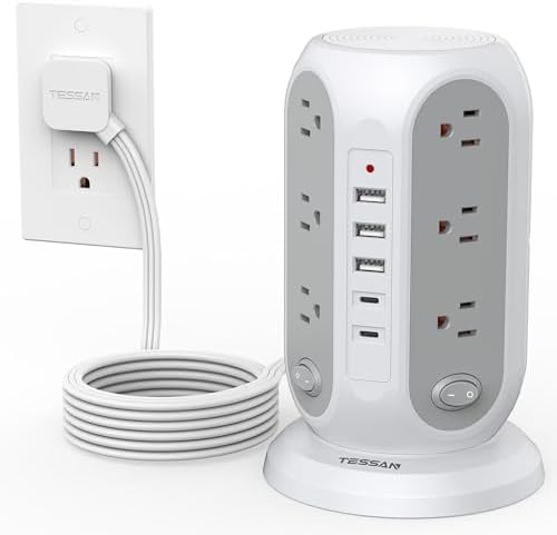 TESSAN Tower Power Strip Surge Protector – 12 Outlets with Individual Switches, 5 Fast-Charging USB Ports (2 USB-C), 10 Ft Flat Extension Cord with Discreet Plug Design – Ideal Multi-Device Charging Station for Office and Dorm Use