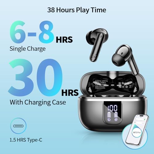 Advanced Bluetooth 5.4 Wireless Earbuds – Superior Deep Bass Audio with Noise-Canceling Mic, 38-Hour Battery Life, IPX7 Waterproof Rating, LED Battery Indicator – Optimized for Android & i OS, Tailored for Fitness Enthusiasts and Everyday Listening