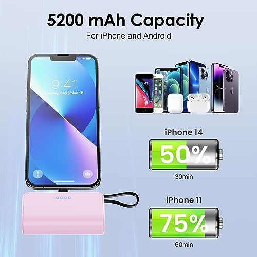 Ultra-Compact 5200 m Ah Power Bank with Built-in USB-C Cable – High-Speed Mini Charger for i Phone 15/14/13/12/XR/8/7/6 & Android Devices – Perfect On-the-Go Backup Solution for Busy Lifestyles with LED Battery Indicator and Enhanced Compatibility
