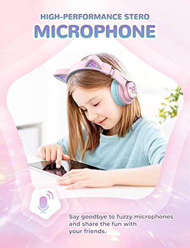 Magical Cat Ear Bluetooth Headphones for Kids – Mesmerizing Gradient Pink with LED Glow, 50-Hour Battery Life, Safe 74/85 d BA Volume Limiting, Superior Bluetooth 5.2 Connectivity & Rapid USB-C Charging for Ultimate Travel Convenience and Enjoyment