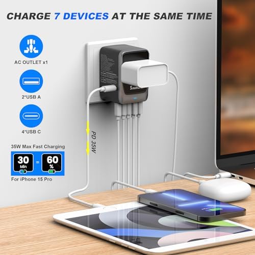 Advanced 7-in-1 Universal Travel Adapter with 35 W PD Fast Charging – Sleek Black & Silver Design for Worldwide Use, Featuring 4 USB-C and 2 USB-A Ports for Effortless Connectivity Across the US, UK, Europe, and Australia – Unmatched Compatibility and Speed for Every Adventure