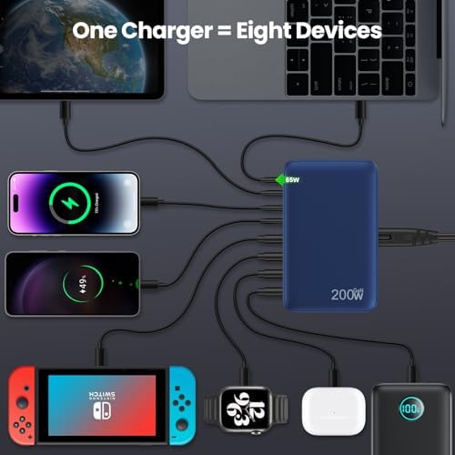 200 W Ga N III USB C Charging Hub – 6-Port Fast Charging Station for Laptops and Devices – PD 65 W Compatible with Mac Book Pro, i Pad, i Phone 15/16, Galaxy S23/S24, Steam Deck & More – Ultimate Universal Charger for Home, Office & Travel