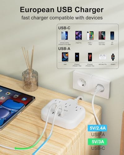 Ultimate Universal Travel Plug Adapter with PD30 W Fast Charging Hub – 3 Multi-Port Connectivity for International Travel, Featuring Dual USB-C & USB-A Outputs, 3 ft Extension Cord for Effortless Power in EU, US, UK, France & Spain – Perfect Solution for Global Adventurers Seeking Reliable Charging Options