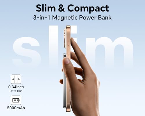 Magnetic Ultra Slim 5,000 m Ah Portable Charger – Fast Wireless Charging Power Bank for i Phone 16/15/14/13/12 Pro/Pro Max/Plus & Apple Watch, Lightweight Design with USB-C Cable for On-the-Go Convenience