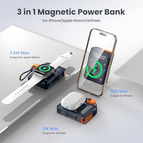 Magnetic 5-in-1 Power Bank with Built-in AC Plug – 10,000 m Ah Mag Safe Battery Pack for i Phone 16/15/14/13/12 Mini, Apple Watch & Air Pods – 22.5 W Fast Wired & 15 W Wireless Charging with 360° Rotating Stand – Effortless Convenience & Advanced Safety Features for On-the-Go Users