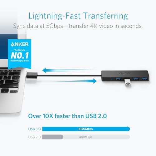 Anker Ultra-Slim 4-Port USB 3.0 Hub – Lightning-Fast 5 Gbps Data Transfer for Mac Book, i Mac, and Surface – Compact 0.7 ft Design for On-The-Go Professionals – Enhance Your Workspace with Effortless Connectivity and Seamless Device Integration