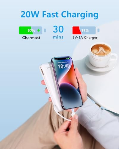 Charmast Ultra-Fast 20000 m Ah Portable Charger with Integrated Cables and Wall Plug – Universal Compatibility for i Phone 16/15/14/13, Samsung, Google, i Pad – Sleek Design, Rapid 20 W USB-C Power Delivery for On-the-Go Charging Solutions