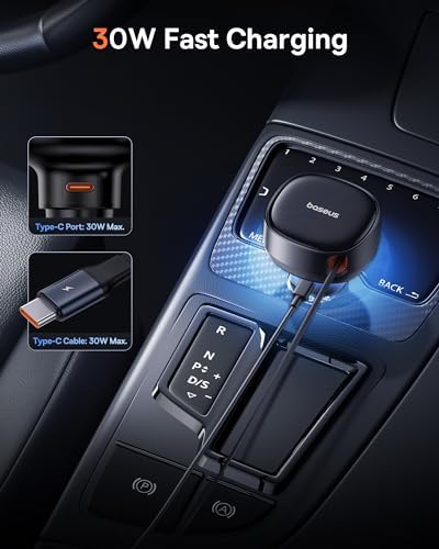 Baseus 33 W Retractable Dual USB-C Car Charger – Fast Charge Your Samsung Galaxy & Tablets on the Go, Sleek Black Design, Compact & Portable, Enhanced Safety Features for Effortless Travel Power Solutions