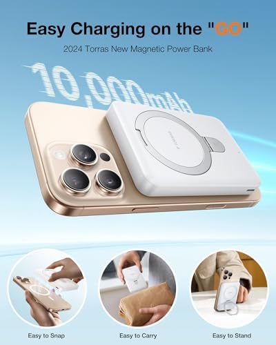 TORRAS Magnetic 10000 m Ah Portable Power Bank – Ultra-Slim Wireless Charger for i Phone with Fast Charging & Integrated O-Stand, Compatible with Mag Safe, 16 Pro Max, Pro, 15, 14, 13, 12 – Essential Travel Companion for Effortless Connectivity