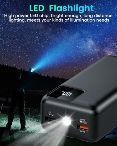 Ultra High Capacity 50,000 m Ah Power Bank with Fast Charging and Built-in Cables – 22.5 W USB-C & Micro USB Portable Charger for i Phone, Samsung, i Pad – Ideal for Travel, Camping, and Everyday Use – Reliable LED Display for Battery Monitoring