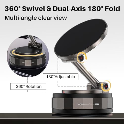 Vacuum Magnetic Phone Holder Stand for Car, Dual 360° Adjustable Suction Cup Phone Mount, Strong Magnetic Suction Phone Holder for Dashboard/Windshield, Compatible with iPhone & Android – Enhanced Compatibility and Speed