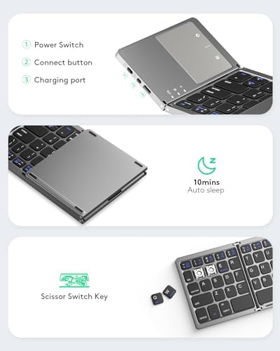 Samsers Portable Bluetooth Keyboard with Touchpad – Ultra-Slim Foldable Wireless Keyboard for Effortless Typing on Android, Windows, and i OS Devices – Rechargeable, Travel-Friendly Design with Device Holder – Black