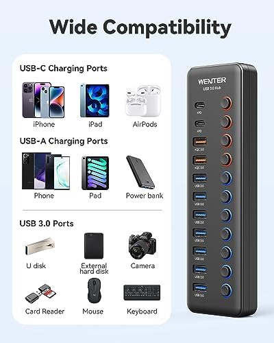 Maximize Your Connectivity with the Wenter 5-Port USB 3.0 Hub – Fast Data Transfer and Type-C Charging Hub for Mac & PC, Featuring Individual LED Switches for Power Management and Enhanced Performance