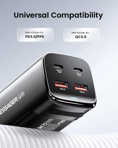 Essager 100 W Ga N USB-C Fast Charger – High-Efficiency 4-Port Travel Power Station for Mac Book, i Phone, i Pad Pro, & Samsung Devices – Universal Compatibility with Advanced Safety Features for On-the-Go Charging