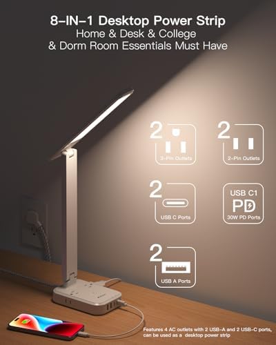 Compact LED Desk Lamp with Power Strip & USB Charging Hub – 30 W Touch Control Lamp with 4 AC Outlets & 4 USB Ports (2 USB-C) – Ideal for Home Office, College Dorm, and Bedroom Workspaces – Enhance Productivity & Style with 5 FT Extension Cord