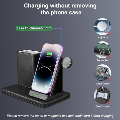 Sophisticated White Leather Pen Holder Desk Organizer with 3-in-1 Wireless Charger for Phone, Earbuds & Watch – Ultimate Desk Accessory for Women, Ideal Birthday Gift for Moms and Professionals – Enhance Workspace Efficiency and Style