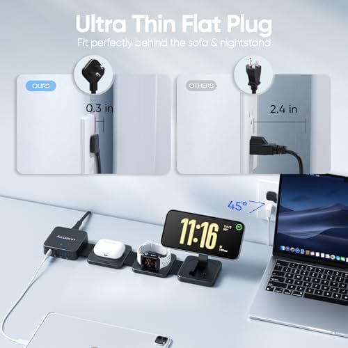 Ultimate 7-in-1 Wireless Charging Station for Apple Devices – ACOZVIN Foldable Magnetic Charger with 4 USB Ports, 30 W USB-C Power, and 5 FT Flat Plug Cord – High-Speed Travel Charger for i Phone 16/15/14/13, Apple Watch, and Air Pods – Compact, Portable, and Enhanced Compatibility for Effortless Charging on the Go
