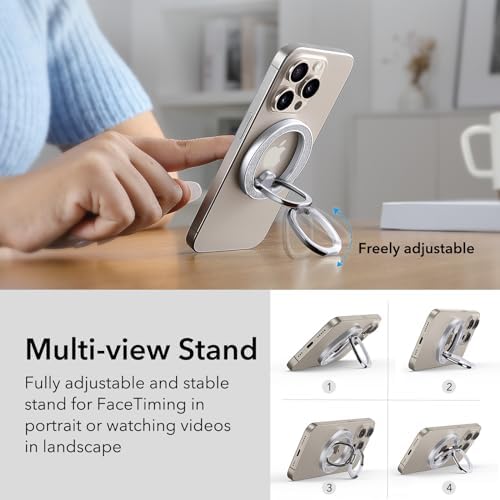 Magnetic Phone Ring Holder with 2-Way Adjustable Stand for i Phone and Galaxy – ESR Halo Lock Grip for Enhanced Stability, Secure Comfort, and Effortless Wireless Charging – Premium Zinc-Alloy Design, 1,200 g Magnetic Hold, Versatile Portrait/Landscape Viewing – Ideal for Caseless Phones and Mag Safe Cases – Black Finish for Modern Aesthetics