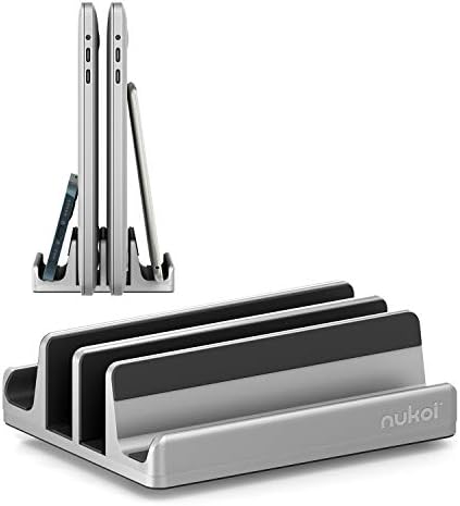 Transform Your Workspace with SPACEMax Premium Vertical Laptop Stand – Adjustable Aluminum Holder for Laptops Up to 17.3” Featuring Advanced Anti-Tip GRIPLock Technology – Versatile 4-Slot Design for Tablets and Phones – Elegant Silver Finish for a Modern Desk Aesthetic – Enhance Your Workflow Efficiency and Posture with Lightweight, Durable Construction
