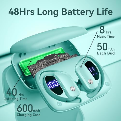 Bmani Bluetooth Wireless Earbuds: 48-Hour Playtime Sport Headphones with LED Battery Display, Mint Green Over-Ear Design featuring Secure Earhooks and Built-in Mic for Ultimate Workout Performance and Enhanced Compatibility