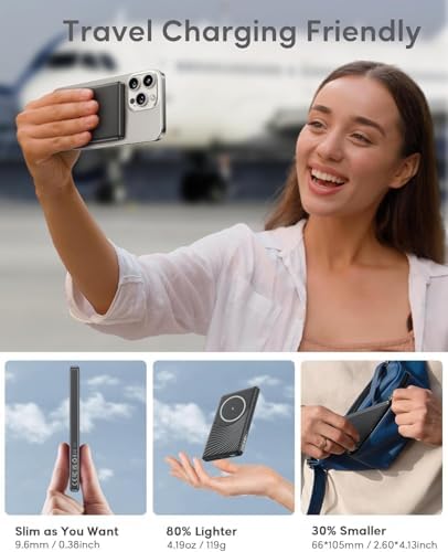 Sleek 5000 m Ah Mag Safe Battery Pack – Fast Wireless Charger for i Phone 12-16 Series – 20 W PD Magnetic Power Bank with USB-C – Ultra Slim Portable Charging Solution in Matte Black for Effortless Power On-the-Go