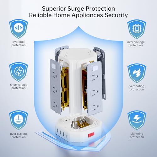 SMALLRT Power Tower Surge Protector – 10 Ft Extension Cord with 12 AC Outlets & 4 USB Ports (1 USB-C) – Ultimate Charging Station for Home & Office – Enhanced Device Compatibility & Safety