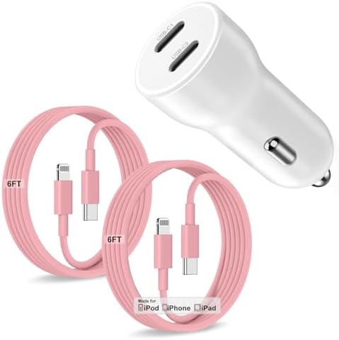 Dual-Port 45 W USB C Car Charger Adapter for Apple Devices – MFi Certified Fast Charger with 3 ft Lightning Cable (Pack of 2) – Rapid Charging for i Phone 14/13/12/11 Pro Max, i Pad, and Air Pods – Durable & Portable Power Solution for On-the-Go Lifestyle