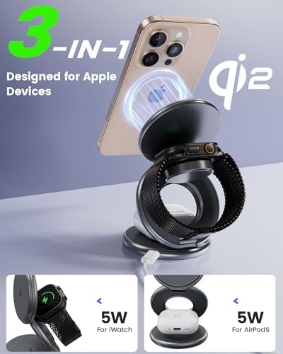 Ultra-Fast 3-in-1 Magnetic Wireless Charging Station for Apple Devices – Foldable Aluminum Alloy Dock for i Phone 16/15/14/13/12, Apple Watch & Air Pods with 20 W Adapter – Portable Power Solution for Travel Enthusiasts and Tech Savvy Users