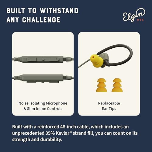 Elgin Rumble Industrial Earplug Headphones – OSHA Compliant Noise-Isolating In-Ear Earbuds with 27 d B NRR, Waterproof IP67 Rating, Integrated Mic for Hands-Free Calls, 3.5 mm Jack for Universal Device Compatibility – Premium Hearing Protection for Noisy Work Environments