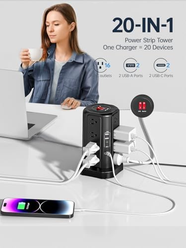 Revolutionize Your Charging Experience: 10 FT Surge Protector Power Strip Tower with 16 Outlets & 4 USB Ports – Efficient Desk Charging Station for Home, Office, or Dorm Room – Ultimate Space-Saving Solution with Robust 1625 W Power Output and Enhanced Safety Features