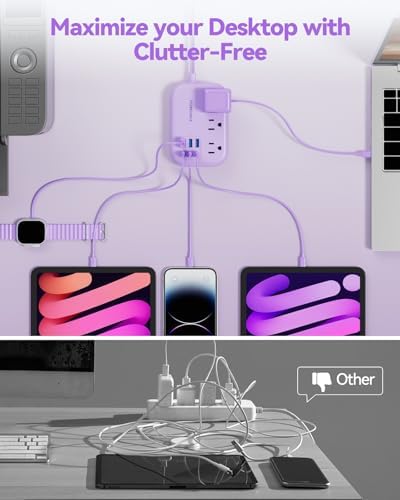 Compact 6-Port USB Power Strip with 3 AC Outlets and 6 USB Charging Ports for Ultimate Travel Convenience – 24 W/4.8 A Power Delivery, 3 FT Extension Cord, Slim Flat Plug Ideal for Cruise Ships, Offices, Dorms, and i Phone 15 Compatibility – Essential Multi-Port Charger for Efficient Device Charging