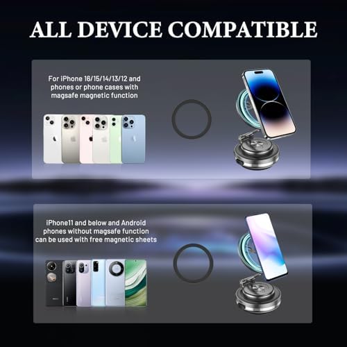 Mag Safe-Compatible 360° Rotating Car Phone Holder – Magnetic Vacuum Mount for i Phone 12-16 – Secure, Adjustable & Stylish Grey Accessory for Safe Driving and Hands-Free Navigation