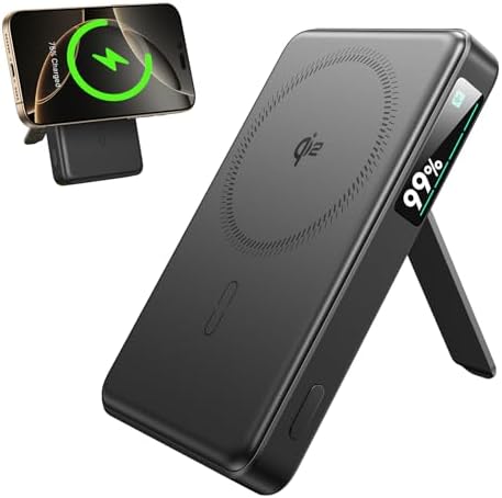 ESR Mag Safe 10,000 m Ah Portable Charger with Kickstand – Qi2 Certified 15 W Fast Charging Power Bank for i Phone 16/15/14/13/12 – Sleek Black Design with LED Display & 27 W USB-C Output for Effortless Charging On-the-Go