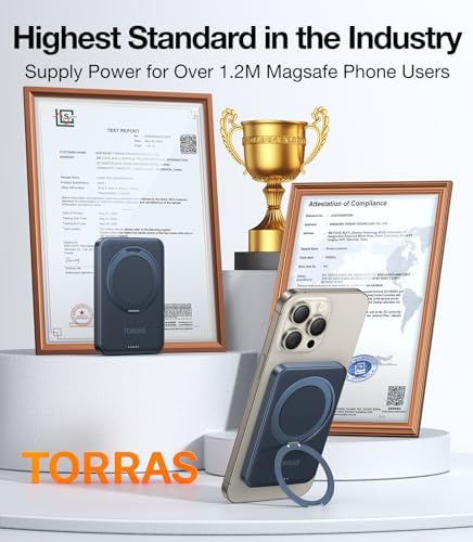 TORRAS 5,000 m Ah Magnetic Power Bank – Ultra-Slim Fast Wireless Charger with Built-in Stand for i Phone 16 Series – Convenient Portable Battery Pack for On-the-Go Charging – Enhanced Compatibility & Speed in Sleek Black Design