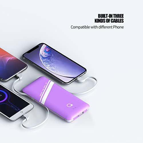 Ultra-Slim 10000 m Ah Power Bank with Built-in AC Plug – Versatile Portable Charger for Multiple Devices, Featuring 4 Output Ports and Included Micro USB & Type-C Cables in Stylish Purple – Perfect for On-the-Go Power Needs