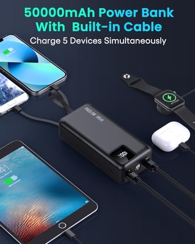 Ultra High Capacity 50,000 m Ah Power Bank with Fast Charging and Built-in Cables – 22.5 W USB-C & Micro USB Portable Charger for i Phone, Samsung, i Pad – Ideal for Travel, Camping, and Everyday Use – Reliable LED Display for Battery Monitoring