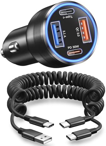High-Performance 65 W USB C Car Charger with Retractable Coiled Cords – OKRAY 4-Port PD30 & QC3.0 Fast Charging Adapter for i Phone 16/15 Pro Max & Samsung Galaxy S25/S24 – Ultimate Compatibility and Space-Saving Design for On-the-Go Power Solutions