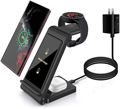 DINTNCCM 3-in-1 Fast Wireless Charging Station – Foldable Charger for Samsung Galaxy S24 Ultra, Galaxy Watch6, and Galaxy Buds – Sleek Black Design with Enhanced Safety Features for Home and Travel Use