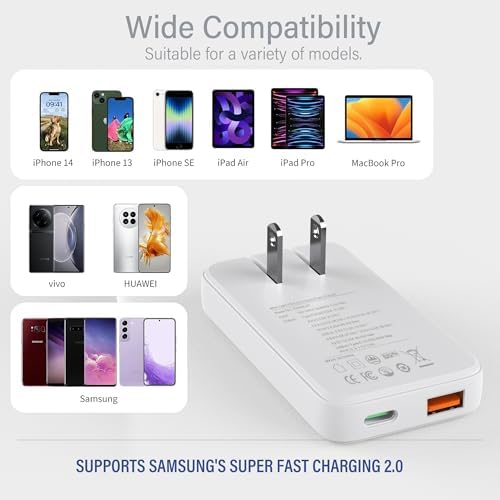 Compact Dual-Port 45 W USB C Power Adapter | Ultra-Slim Ga N Technology Fast Charger with 3.28 ft Cable for Laptops, Tablets, and Smartphones | PD 3.0 Compatible, Travel-Friendly, and Efficient Charging Solution for On-the-Go Users
