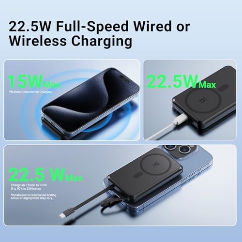 Revolutionary Mag Safe 10,000 m Ah Wireless Power Bank – Ultra-Fast Charging, 4 Outputs with Dual Built-in Cables, Magnetic Design for i Phone 15/14/13/12 Pro/Max/Plus, Integrated Kickstand for Effortless Viewing, Versatile USB-C & Micro USB Inputs – Perfect Travel Companion for On-the-Go Charging