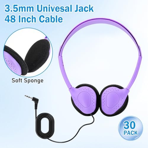 30-Pack Durable Over-Ear Headphones for Kids – Adjustable Wired Audio Solution with Universal 3.5 mm Jack for Enhanced Classroom Learning Experience