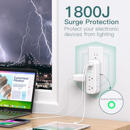 Ultimate Surge Protector and Outlet Extender with 6 AC Ports and 3 USB Charging Options (1 USB-C) – Smart Rotating Power Strip for Home, Office, and Travel – 1800 Joules Surge Defense, ETL Certified for Enhanced Device Protection and Efficiency