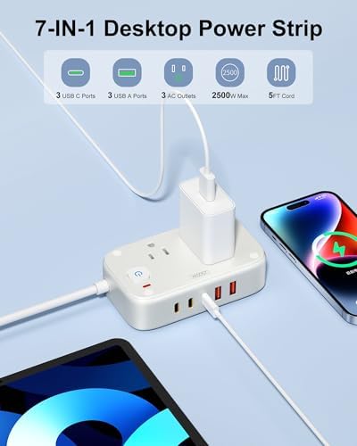 Cruise-Approved Travel Power Strip – 5 USB Ports (Including 2 USB-C) and 2 Outlets for Efficient Multi-Device Charging, 40 W Compact Travel Charger with 5 Ft Flat Plug Extension Cord, Eco-Friendly Green Design for Hassle-Free Connectivity on the Go