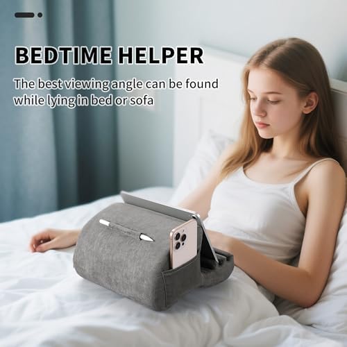 Crea Dream Adjustable Tablet Pillow Stand – Ergonomic Lap and Bed Holder for 4-13 Inch Devices, Featuring Three Customizable Viewing Angles for Maximum Comfort and Support – Perfect i Pad, Kindle, and Galaxy Tab Accessory in Sleek Gray Design for Effortless Use at Home or On-the-Go