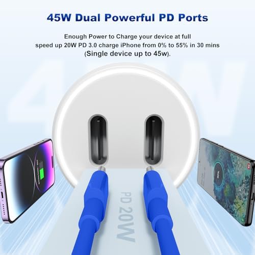 Dual-Port 45 W USB C Car Charger Adapter for Apple Devices – MFi Certified Fast Charger with 3 ft Lightning Cable (Pack of 2) – Rapid Charging for i Phone 14/13/12/11 Pro Max, i Pad, and Air Pods – Durable & Portable Power Solution for On-the-Go Lifestyle