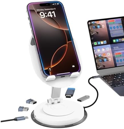 Maximize Your Workspace Efficiency with the 100 W USB-C Docking Station: Versatile 5-Port Universal Hub with Adjustable Phone Stand and 360° Rotating Base for Seamless Connectivity Across Mac Book Pro, Air, Dell, and HP Laptops – Power Delivery Charging and Fast USB 3.0 Data Transfer for Enhanced Productivity