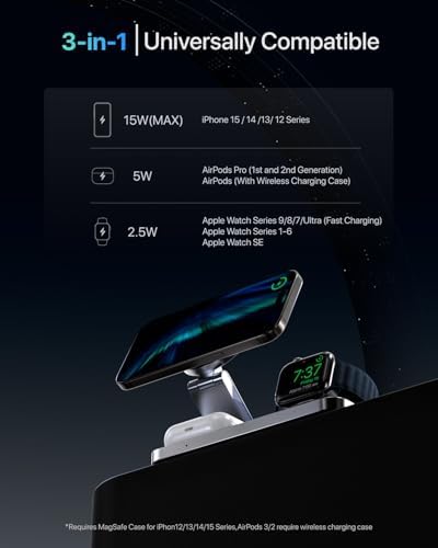 Ultimate 3-in-1 Foldable Wireless Charging Station for Apple Devices – Fast Charger for i Phone 16, 15, 14, 13, 12, Air Pods & Apple Watch – Portable & Stylish Black Design for Home & Travel Use – Anti-Slip Base for Stability – Perfect for Decluttering Your Space and Enhancing Charging Efficiency